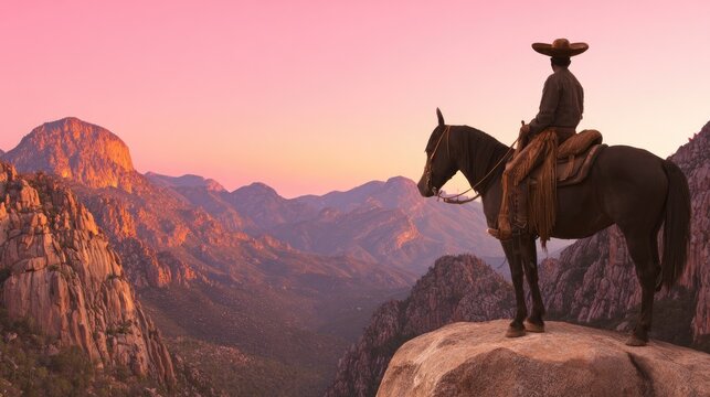 charro. Silhouette of a rider at the edge of a dusty arena during sunset, casting long shadows. inspiring travel planning, event programs, designed for cultural heritage projects and event programs.