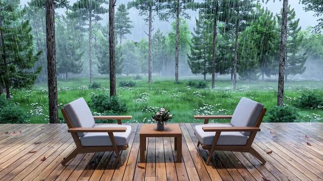 Cozy wooden deck with two armchairs and a small table on a rainy day, overlooking a lush forest with pine trees and deer in the distance. Relaxing atmosphere, photorealistic 3d animation render.