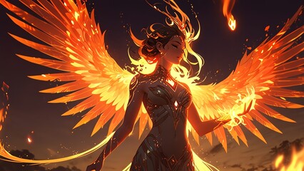 Naklejka premium A stunning representation of a fiery figure with glowing wings, symbolizing rebirth and transformation, set against a dramatic night sky filled with fiery embers.