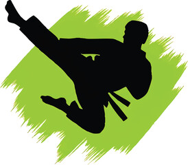 Silhouette of a martial artist performing a jumping side kick, dynamic pose of a karate or taekwondo fighter in a gi with a black belt, energetic action shot on a vibrant green brush stroke background © Manimegalaig