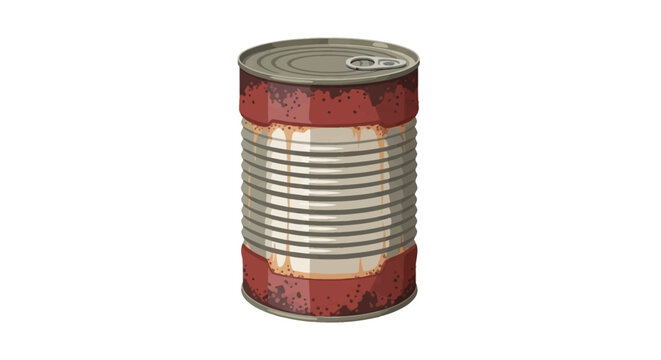 Vintage rusty tin can illustration with pull-tab ring. Corroded metal food container with red rust spots and ribbed texture isolated on white background for design.