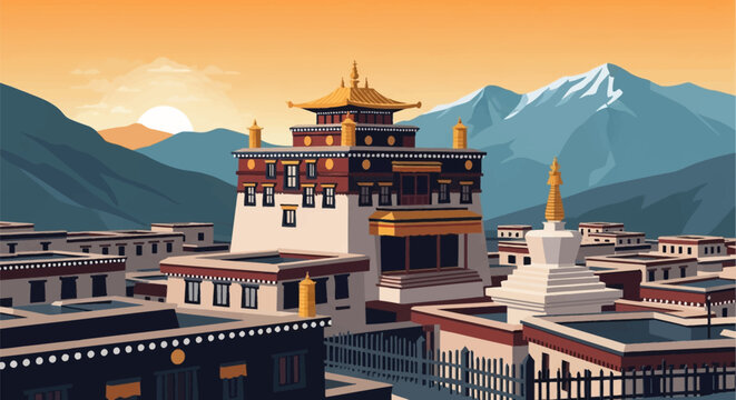 Vector illustration depicting a traditional Tibetan Buddhist monastery and white stupa at sunrise, set against a backdrop of snow-capped mountain peaks and clear morning sky.