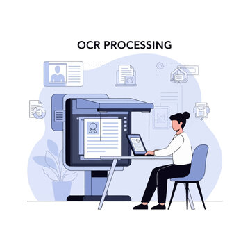 Vector illustration of a female employee sitting at an office desk using a laptop and a large OCR processing machine to scan and digitize paper documents and identification cards.