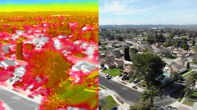 An Infra Red Drone taking images for Training on identifying subjects or terrain using the latent heat images looking at a neighborhood with residential building to understand latent radiated heat