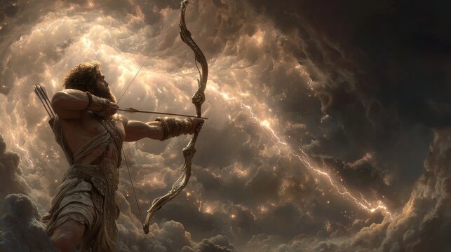 Fantasy wallpaper. A vivid portrayal of a warrior, likely from ancient Greek or Roman mythology, set against a dramatic sky filled with swirling clouds. The warrior is depicted in a dynamic pose.