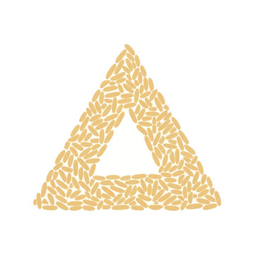 Top view of a hollow triangle shape composed of numerous long grain rice seeds or cereal grains arranged on a plain white background, conceptual food design and organic frame.