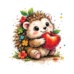 Cute watercolor hedgehog illustration holding a big red apple. Adorable cartoon forest animal character with colorful flowers and paint splatters. Perfect for nursery art and kids design. © Elmar