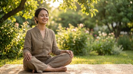 Obraz premium Ultra-Realistic Indian Woman Meditating in a Sunlit Garden, Peaceful Morning Mindfulness Practice, Natural Light Wellness Portrait, Authentic Serenity, Healthy Lifestyle, Meditation and Inner Balance