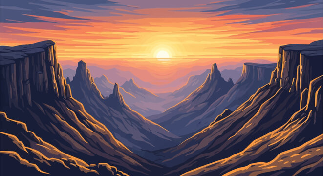 Vector illustration of a Simien Mountains panorama in Ethiopia at sunset with deep valleys, jagged peaks, and sheer cliff faces under a glowing sky with orange and purple hues.