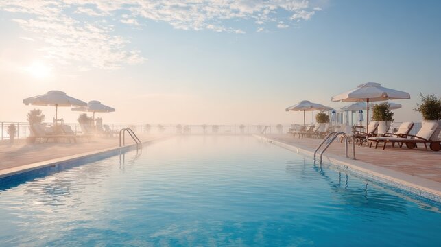 Expansive infinity swimming pool bordered by sun loungers and umbrellas fades into morning mist above the horizon