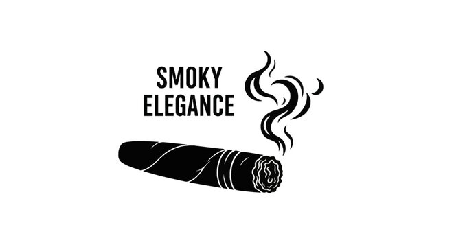 Black and white vector illustration of a burning cigar with rising smoke swirls and bold text reading SMOKY ELEGANCE, isolated on a solid white background for graphic design.