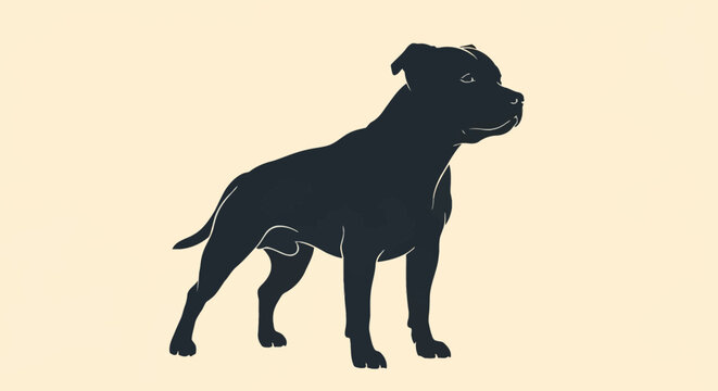 Minimalist black silhouette illustration of a Staffordshire Bull Terrier dog standing in a side profile pose, isolated on a solid light cream background, featuring clean vector lines.