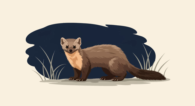 Vector illustration of a wild stone marten (Martes foina) standing in profile view with brown fur and a light bib, set against a stylized dark blue background with decorative grass elements.