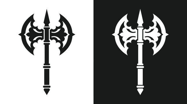Intricate medieval battle axe silhouette design featuring a sharp double blade and ornate handle details displayed in high contrast black and white vector art style