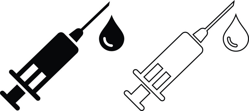 Syringe injection icon set with needle and medicine drop in black silhouette and outline vector, medical vaccine symbol for healthcare, vaccination and clinic design