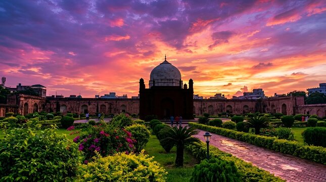 Beautiful sunset view of the historic lalbagh fort in dhaka, bangladesh, featuring a vibrant sky and lush garden landscape