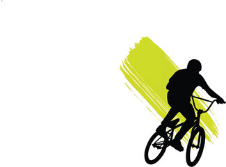 Naklejka premium Silhouette of a bmx rider performing a trick against a bright green brush stroke background