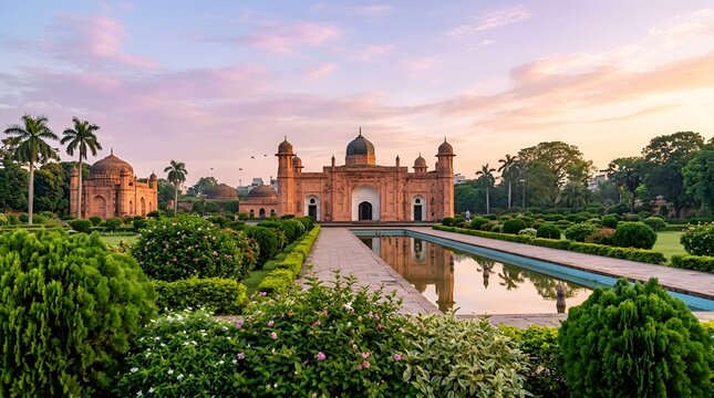 Lalbagh fort, a 17thcentury mughal fort complex in dhaka, bangladesh, featuring a mosque and mausoleum at sunset