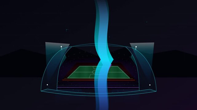 Futuristic digital animation of a sports stadium with a dynamic data stream