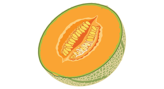 Fresh Orange Cantaloupe Melon Half Vector Illustration with Seeds and Green Textured Rind Isolated for Healthy Food