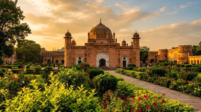 Lalbagh fort, a 17thcentury mughal fort complex in dhaka, bangladesh, surrounded by beautiful gardens at sunset