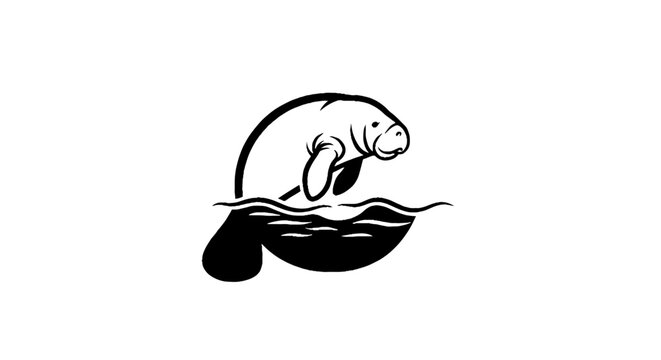 Manatee swimming in stylized water illustration.