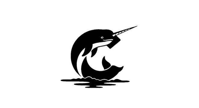 Black and white narwhal logo design with wave.