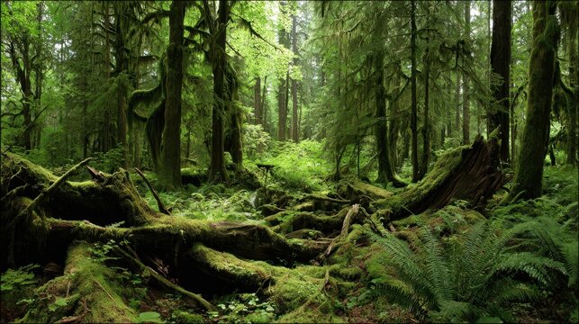 Ancient Temperate Rainforest Floor Covered in Lush Green Moss and Gnarled Tree Roots