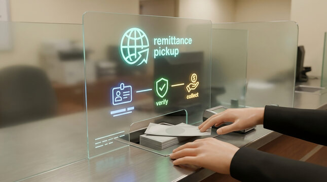 Remittance Pickup at Bank Counter with Futuristic Digital Interface Showing ID Verification Process and Global Money Transfer Service Concepts