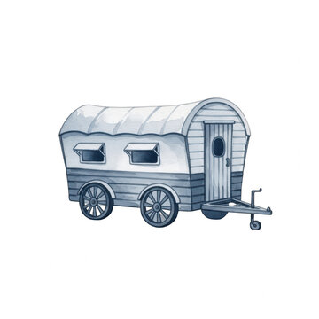 Watercolor illustration of a vintage rustic gypsy wagon
