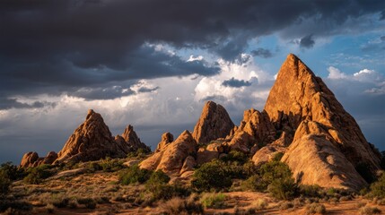 Obraz premium Dramatic Rock Formations of Arches National Park Under a Stormy Sky Bathed in Golden Light
