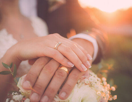 Close up of Wedding couple showing wedding bands.