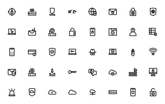 Internet security icon set. Cyber security vector icons pack. Minimalist line icons. Includes symbols for bug, password, VPN, captcha, encryption, lock, phishing, malware, firewall, cloud and more. Ed