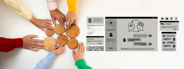 Obraz premium Hands gather around gears, symbolizing teamwork and collaboration with AI chat interface demonstrating innovative digital communication for creative solutions. Ledger