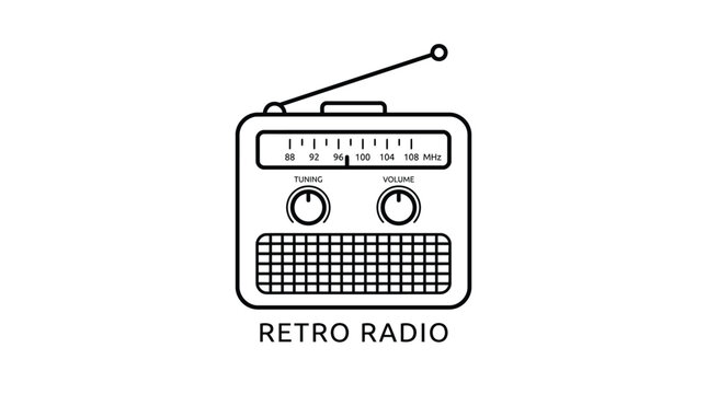 Minimalist black and white line art illustration of a vintage retro radio with an antenna and circular tuning knobs isolated against a clean white background design