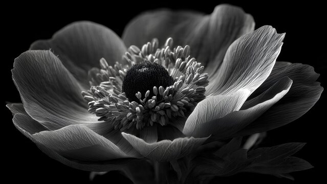 Close-up black and white photograph of a delicate flower with intricate petals and a textured center against a dark background.