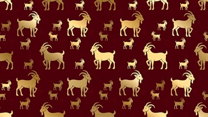 Fototapeta premium Golden goat pattern on deep red background. Chinese zodiac symbol of 2027 year. Ornamental wallpaper with farm animal silhouette. Asian culture luxury textile print for celebration.