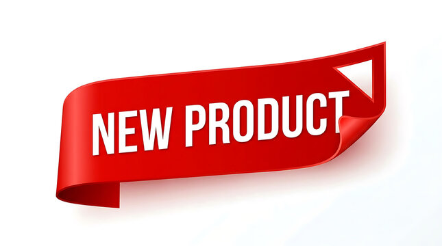 Red ribbon banner with new product text isolated on white background