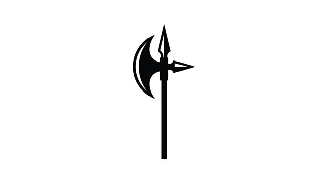 Detailed black silhouette of a medieval halberd polearm weapon featuring a sharp axe head and pointed spear tip isolated on a clean white background graphic design
