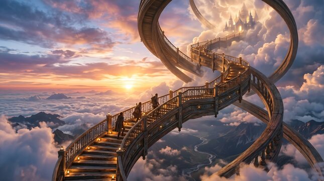 Surreal spiral staircase leading to the sky with dramatic clouds