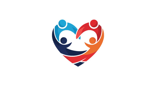 Abstract vector logo of four colored stylized human figures in blue, cyan, red, and orange interlocking to form a heart shape silhouette, isolated on a plain white background.