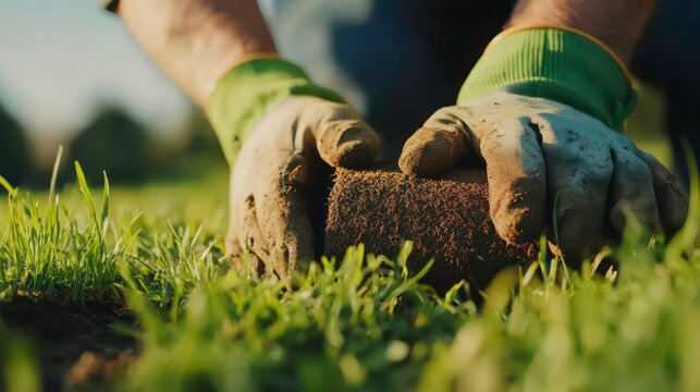 Close-up of the hands of a man with work gloves (male gardener) while laying a roller sod for a new garden lawn. Rolling or unrolling a turf, concept.