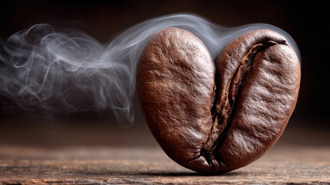 Roasted coffee bean shaped like a heart releases wisps of steam against a dark background