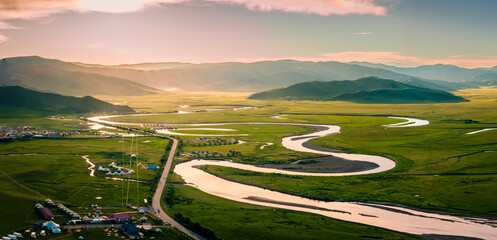 Panoramic sunset aerial scenery of Baihe River, Hongyuan grassland Sichuan © Deng Xuejun