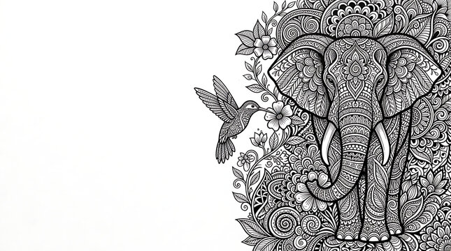 Intricate elephant and hummingbird mandala line art on white background
