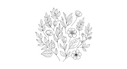 Fototapeta premium Elegant Black and White Vector Floral Arrangement Featuring Wildflowers and Botanicals in Hand Drawn Sketch Style