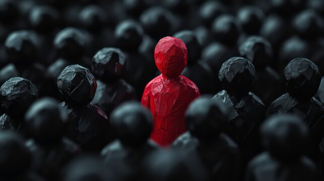 Close-up of one single red human shape (wooden figurine) among a large group of black ones. Standing out from the crowd, thinking outside the box, leadership and individuality concept.