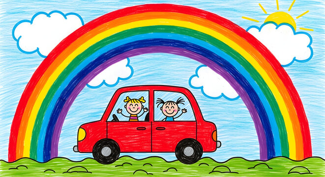 Child's colorful drawing of two happy girls riding in a red car under a bright rainbow and sunny sky