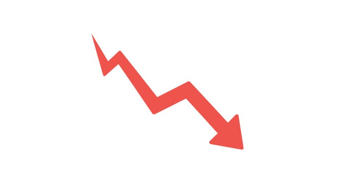 Flat vector illustration of a red downward trending line graph arrow pointing down on a white background, representing financial loss, economic recession, and market crash.
