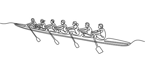 Continuous line art drawing of rowing team in boat vector © PorashChandra